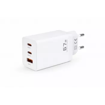 Cargador de pared Voltage GaN 67W, 2x USB-C y 1x USB-A, PD 3.0, QC 3.0, PPS, enchufe EU, blanco