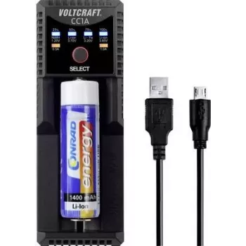 VOLTCRAFT CC1A cargador universal de pilas redondas para NiMH, Li-Ion, LiFePO4, NiCd - 1 posición de carga, alimentado por USB, compatible con AA, AAA, C, 10440, 14500, 16340