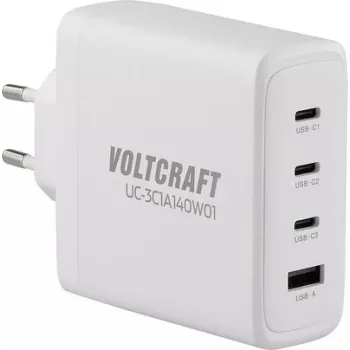 VOLTCRAFT UC-3C1A140W01 Cargador USB GaN 140W PD 3.1, 3x USB-C, 1x USB-A, blanco