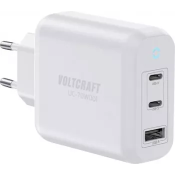 VOLTCRAFT UC-70W001 Cargador de pared GaN USB 70W 2x USB-C PD 3.2 + 1x USB-A carga rápida blanco VC-18791125