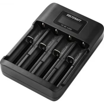 VOLTCRAFT VC-BC-4200 Cargador universal de pilas redondas para baterías NiMH y Li-Ion, 4 compartimentos de carga independientes, pantalla LCD, compatible con AA, AAA, AAAA, 10440, 14500, 16340, 17500, 17670, 18350, 18490, 18650 VC-17665935