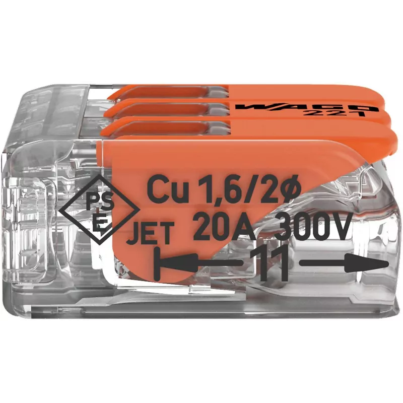 WAGO 221-413 COMPACT Borne de conexión, 3 conductores, 0,2–4 mm², transparente, pack de 50