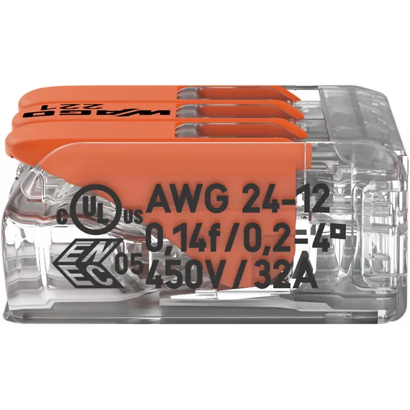 WAGO 221-413 COMPACT Borne de conexión, 3 conductores, 0,2–4 mm², transparente, pack de 50