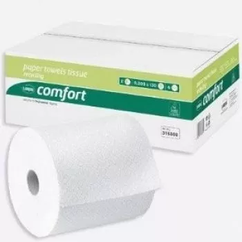 WEPA Comfort Rollo de toalla de manos, 2 capas, blanco extra, gofrado de líneas, adhesivo central azul, 205 mm de ancho, 150 m de largo, 6 rollos (316800)