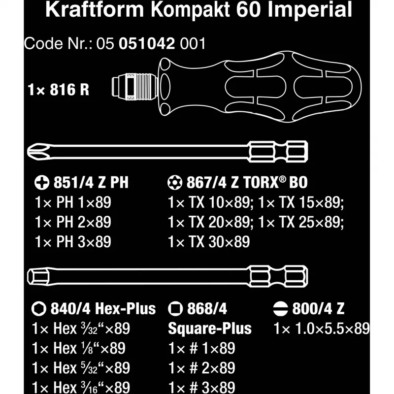 Wera Juego de puntas Kraftform Kompakt 60 de 17 piezas, ranura, Phillips, Pozidriv, TORX BO 05051042001