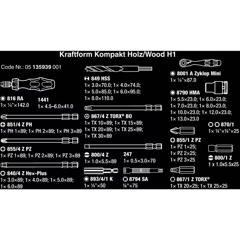 Wera Kraftform Kompakt H 1 Woodcraft mango destornillador con 12 puntas mixtas - Hex, Phillips, Pozidriv, Torx