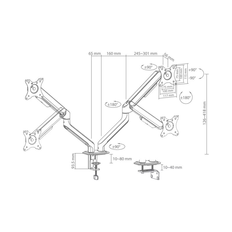 White Shark AKHENATEN-II GMS-3212 soporte para doble monitor – pistón de gas, pinza de mesa/pasacables de mesa, 17-32 inch, 9 kg por brazo, negro