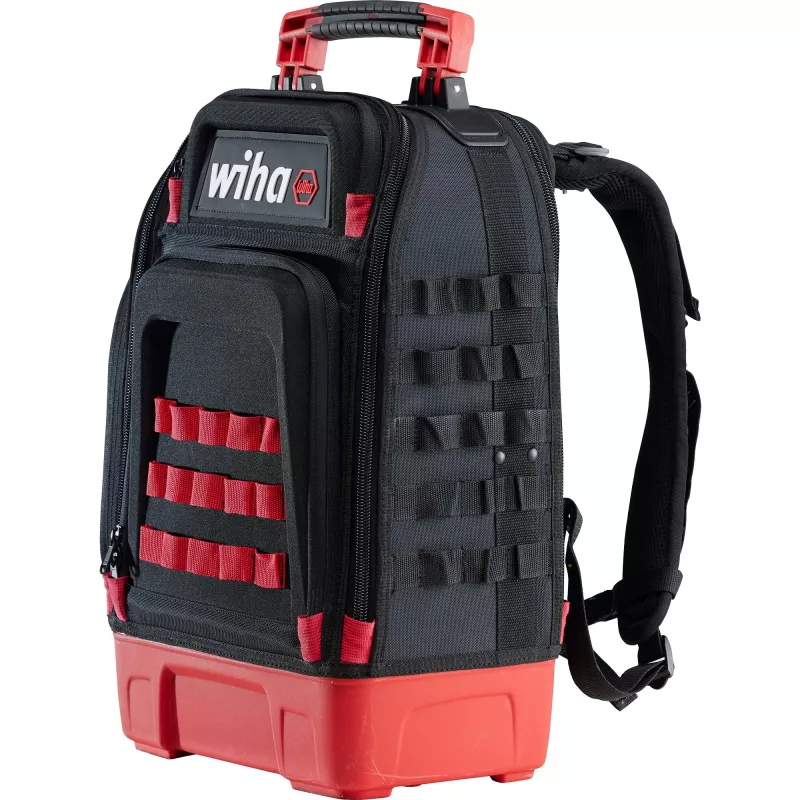 Wiha 45528 Mochila de herramientas para electricista, 28 piezas, 385 x 260 x 530 mm, Negro/Rojo