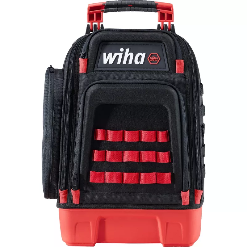 Wiha 45528 Mochila de herramientas para electricista, 28 piezas, 385 x 260 x 530 mm, Negro/Rojo