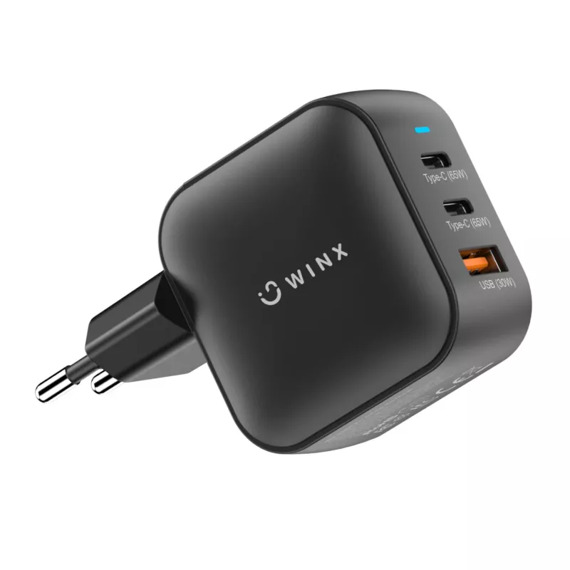 WINX POWER Max 65W Cargador de pared GaN - 2x USB-C PD, 1x USB-A QC, Negro