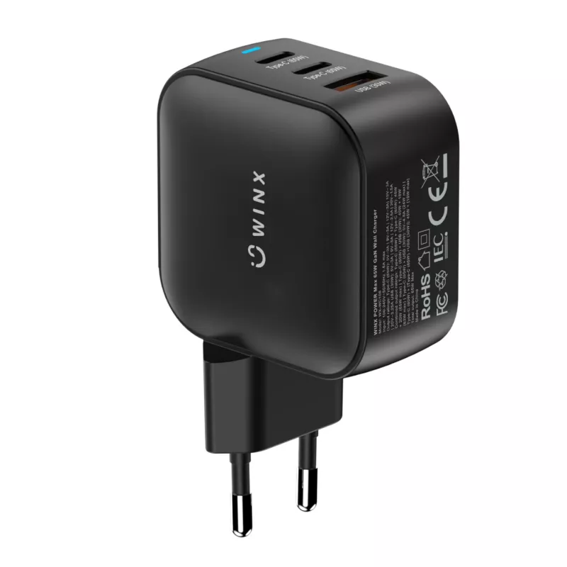 WINX POWER Max 65W Cargador de pared GaN - 2x USB-C PD, 1x USB-A QC, Negro