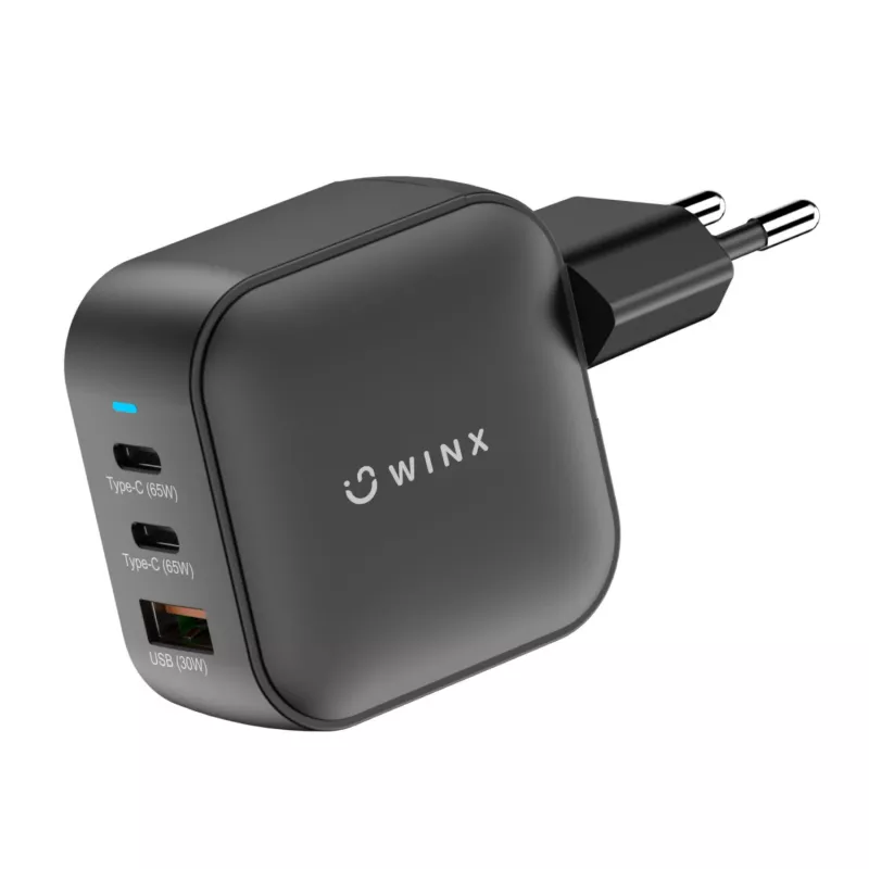 WINX POWER Max 65W Cargador de pared GaN - 2x USB-C PD, 1x USB-A QC, Negro