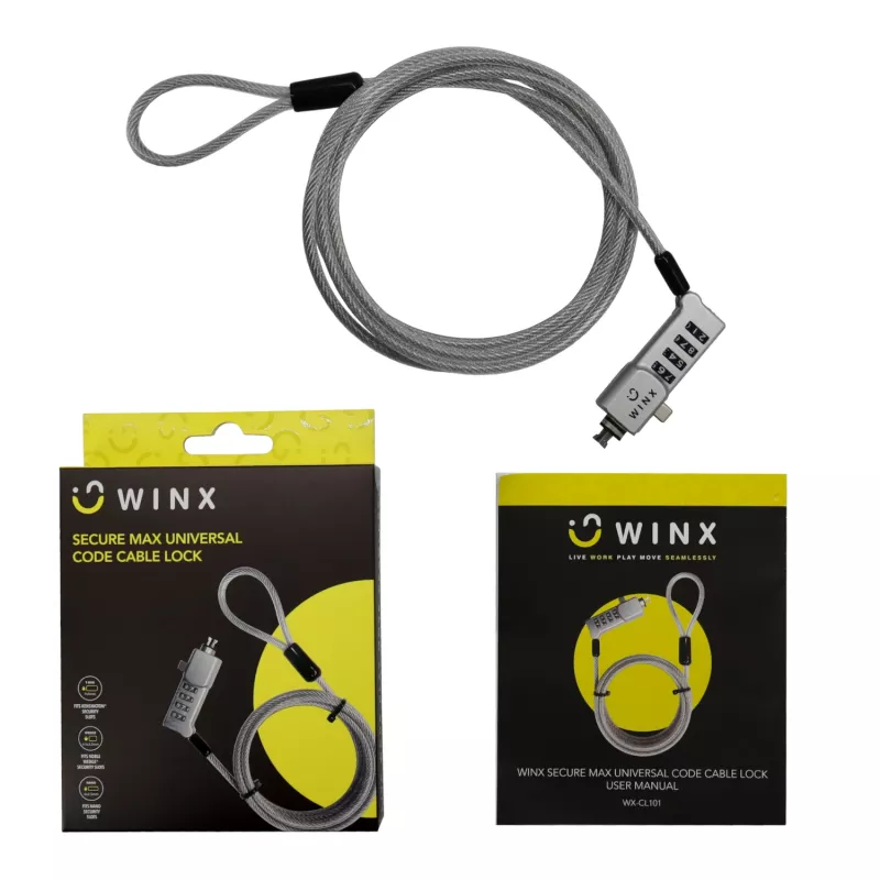 WINX Secure Max Candado de cable universal con código - Candado de combinación reseteable de 4 dígitos, acero trenzado, 1,8 m, Negro/Plata
