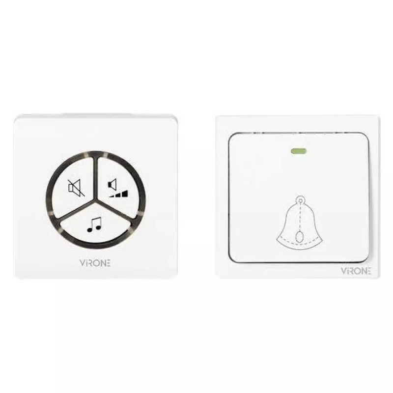 Timbre inalámbrico VIRONE DB-3 con pulsador sin pilas, emisor autoaprendizaje, 80 m