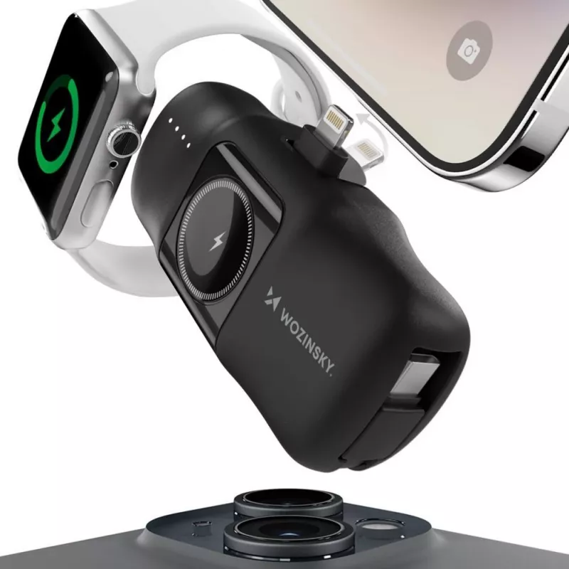 Wozinsky WF16-YLS Mini Power Bank 5000mAh 15W con cable USB-C integrado y cargador para Apple Watch - Negro