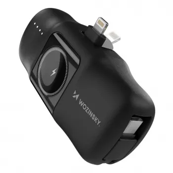 Wozinsky WF16-YLS Mini Power Bank 5000mAh 15W con cable USB-C integrado y cargador para Apple Watch - Negro