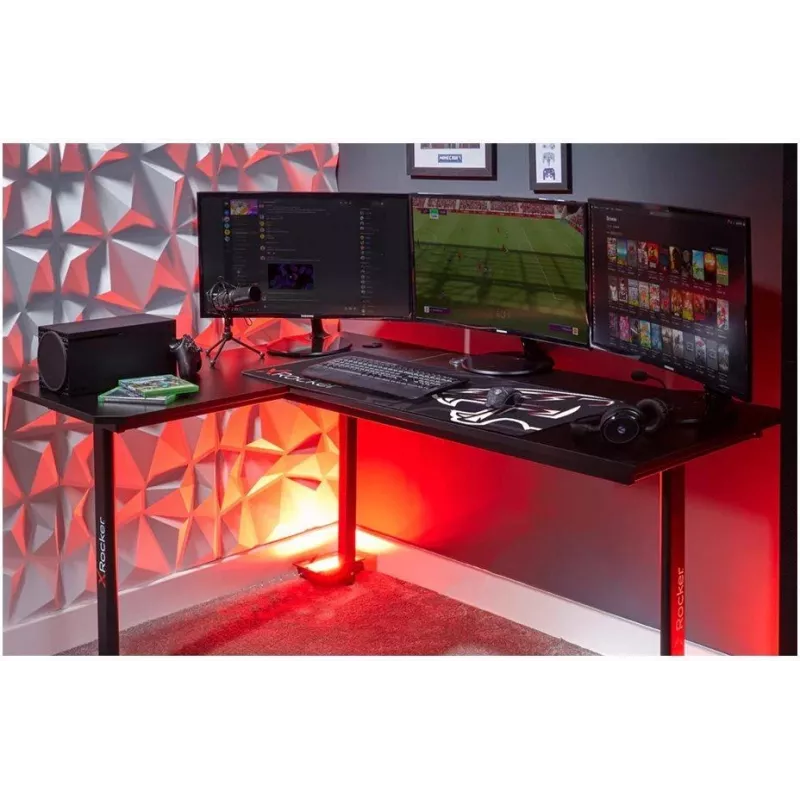 X Rocker 2022068 Escritorio gaming en L con iluminación LED RGB, acabado efecto fibra de carbono, negro