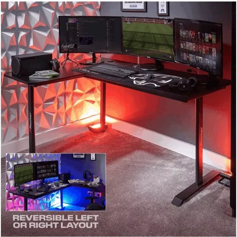 X Rocker 2022068 Escritorio gaming en L con iluminación LED RGB, acabado efecto fibra de carbono, negro