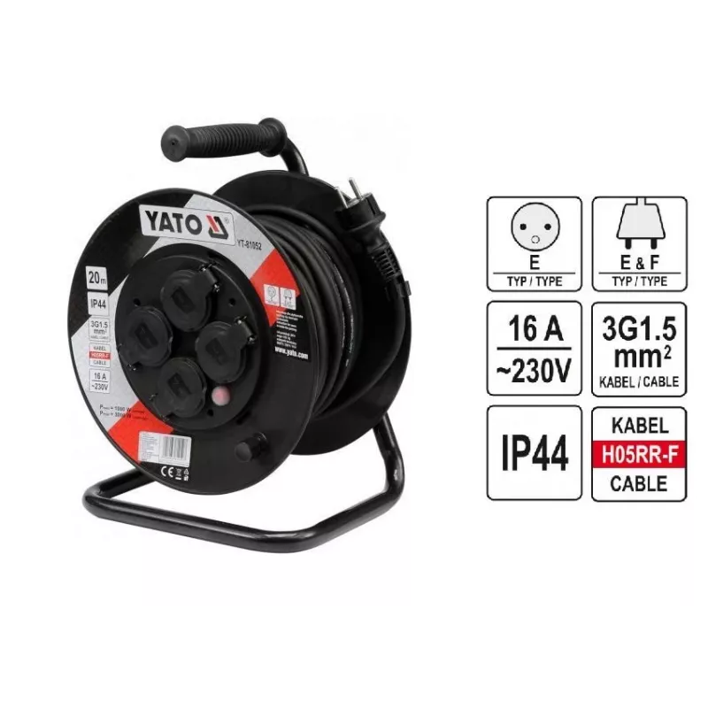 Yato YT-81052 alargador enrollable 4 tomas CA 20 m