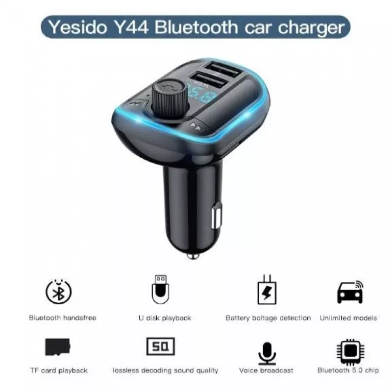YESIDO Y44 Reproductor MP3 Cargador de coche Bluetooth, 2 USB, negro
