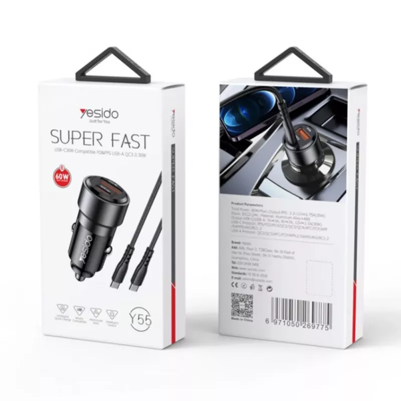 YESIDO Y55 cargador de coche de carga rápida 60W con cable USB-C a USB-C, negro