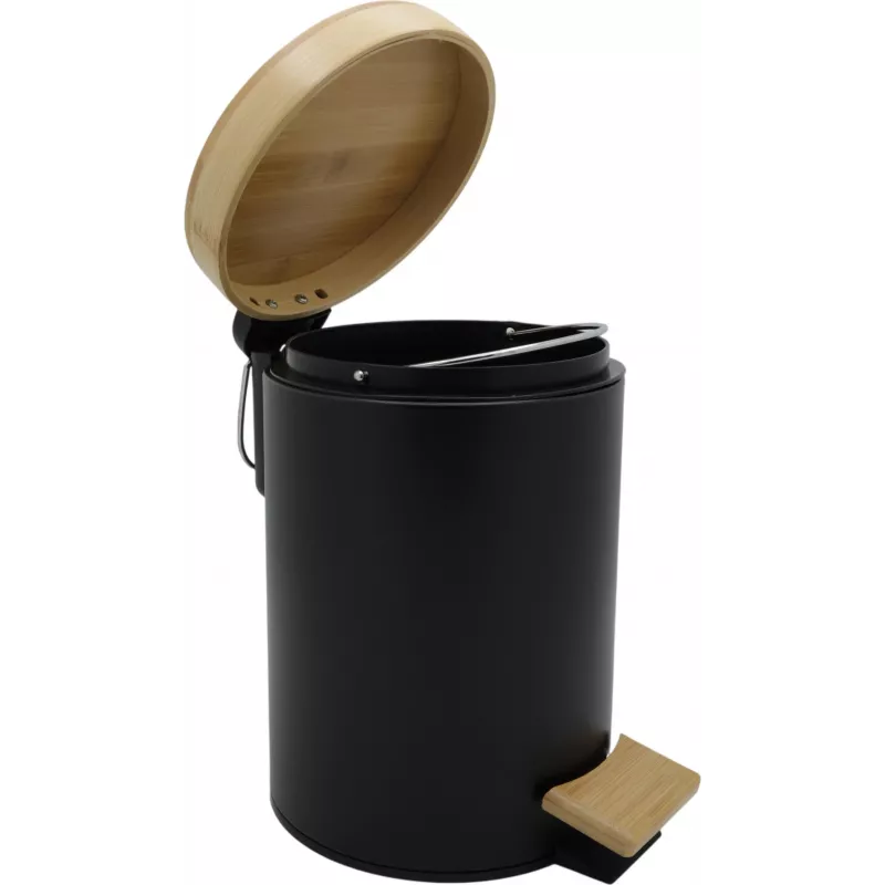 Zeller 18910 cubo de pedal con cierre suave y tapa de bambú 3L, negro mate