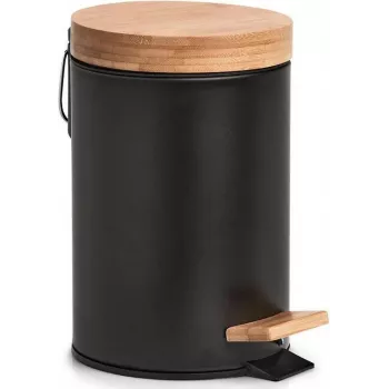 Zeller 18910 cubo de pedal con cierre suave y tapa de bambú 3L, negro mate