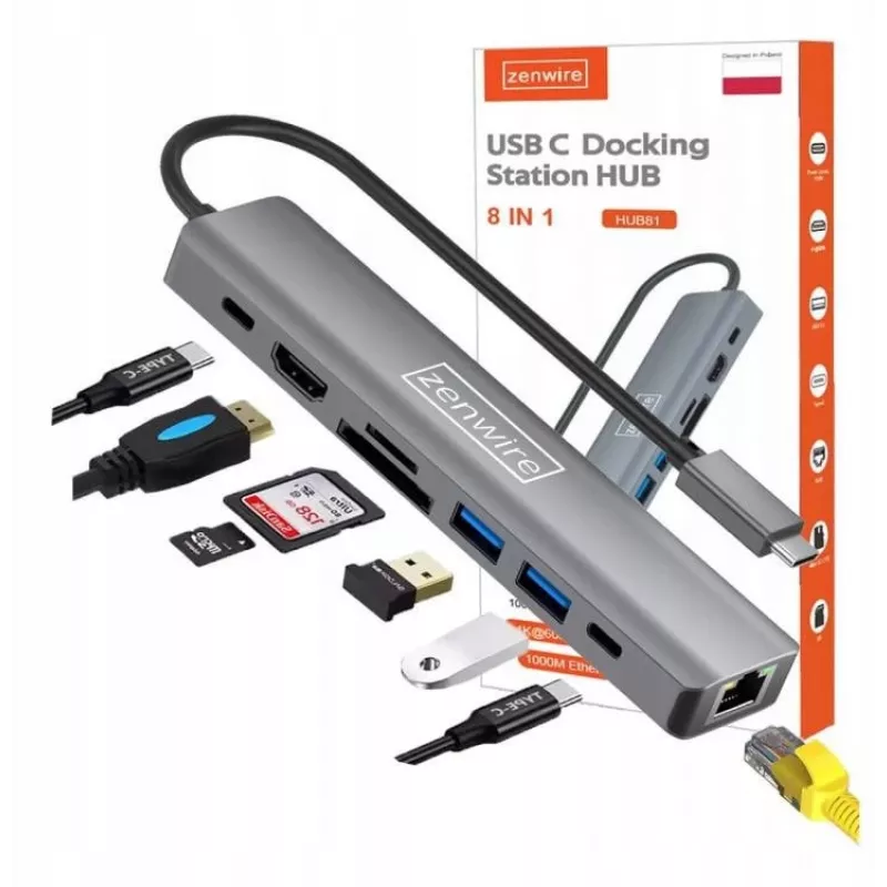 ZENWIRE HUB81 Adaptador multipuerto USB-C 8 en 1 HDMI 2.0 4K 60Hz Gigabit Ethernet 1000Mbps