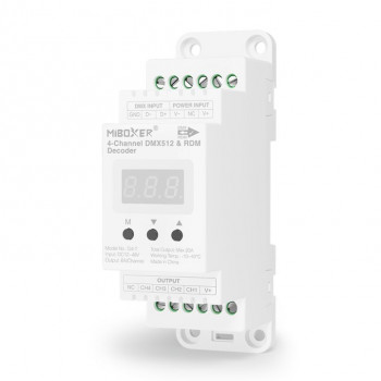 MiBoxer D4-T decodificador LED DMX512/RDM-LE de 4 canales, carril DIN, 12–48 V, 20 A