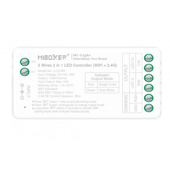 MiBoxer LC2-WR Controlador LED de 2 hilos, Wi-Fi + 2,4 GHz, 12–48 V, 10 A