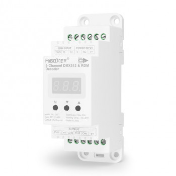 MiBoxer D5-T decodificador LED DMX512/RDM-LE de 5 canales, carril DIN, 12–48 V, 20 A